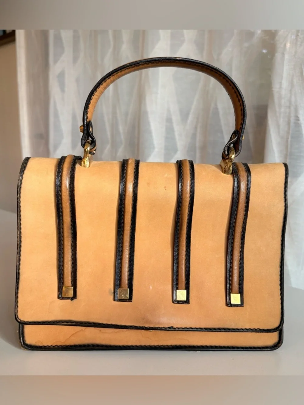 Vintage Tano Of Madrid Tan Accordion Top-Handle Leather Bag